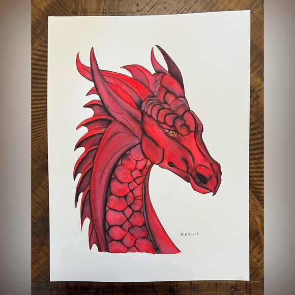 Hand Crafted Other - Red Dragon Watercolor Painting – 8x10 Original Art